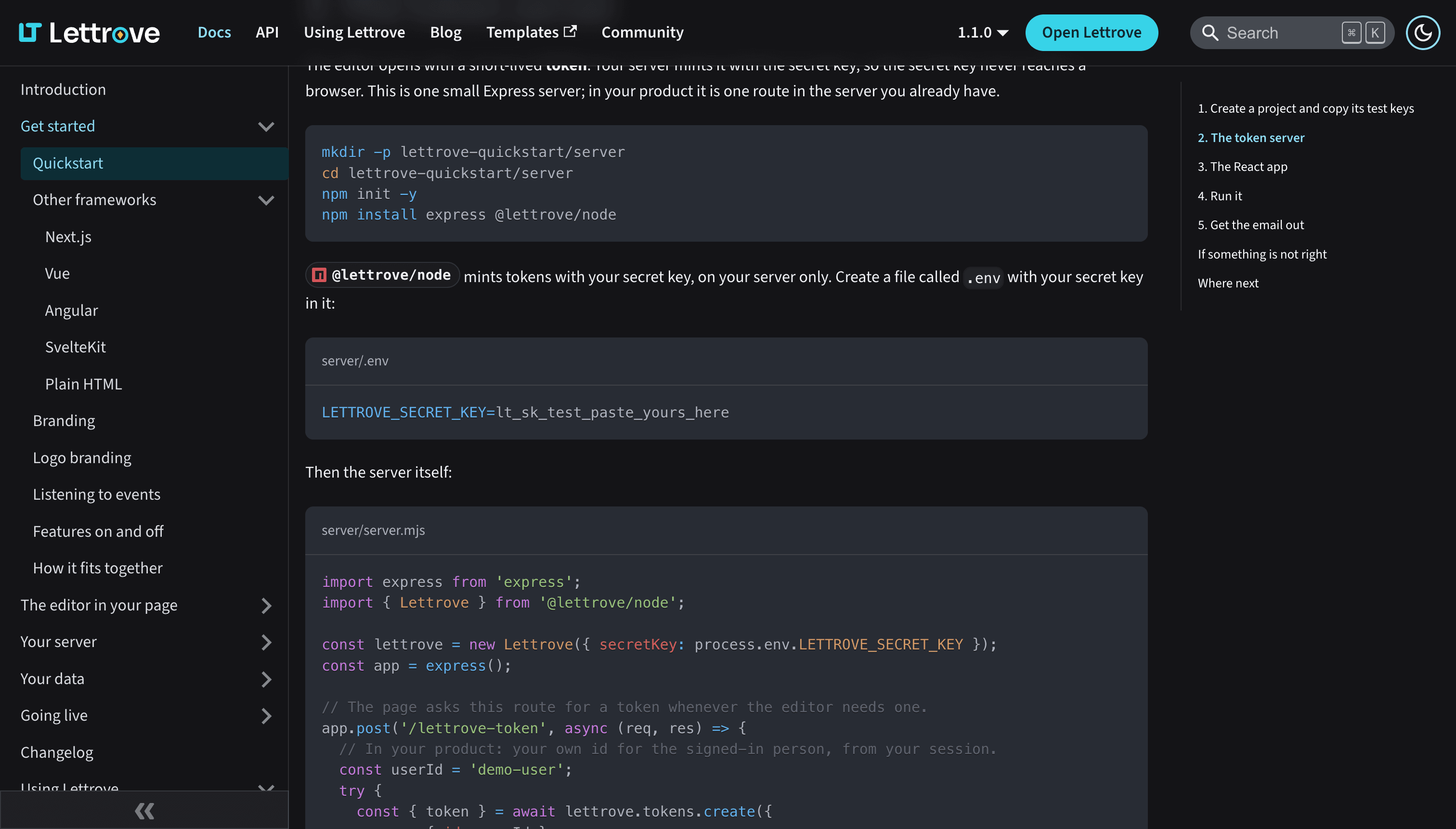 docs.lettrove.com Quickstart — minting an editor token with @lettrove/node