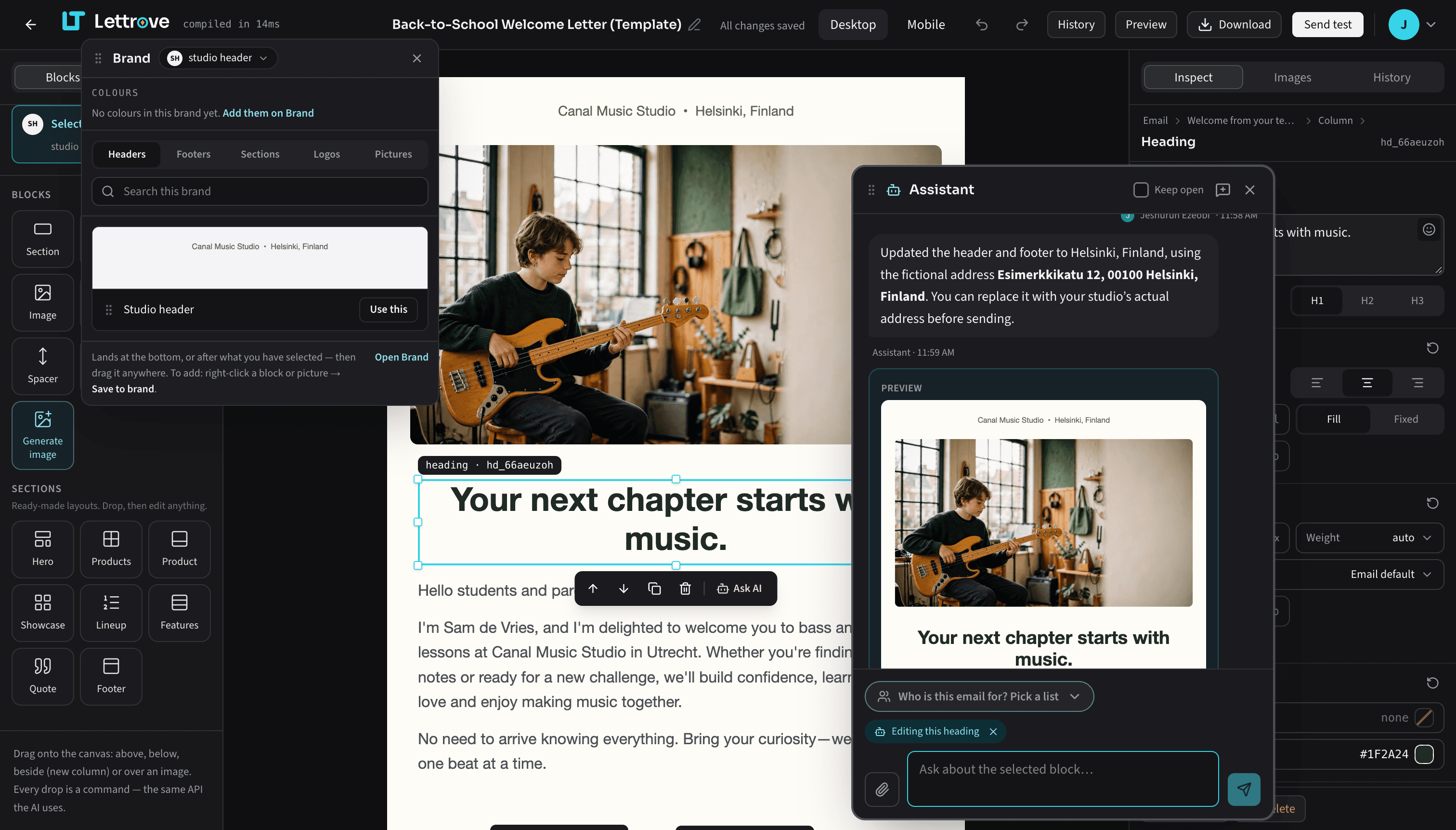 Lettrove editor — the AI assistant editing a heading next to the brand panel